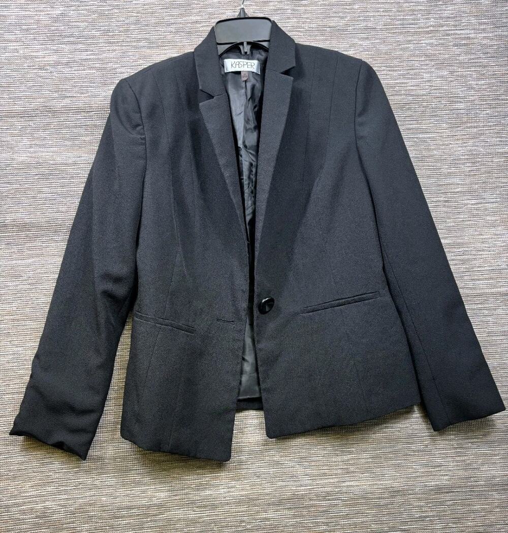 Kasper Blazer Jacket Womens Size 10 Black Gray One Button Closure Casual Career